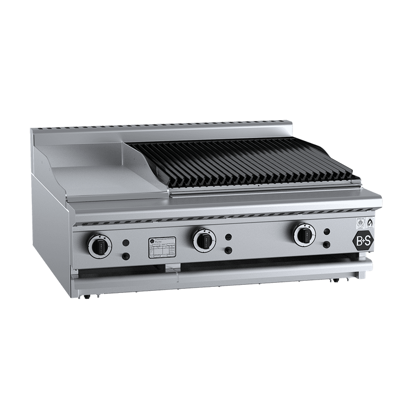 B+S Black Combination 300mm Grill Plate & 600mm Char Broiler Bench Mounted - BT-GRP3-CBR6BM