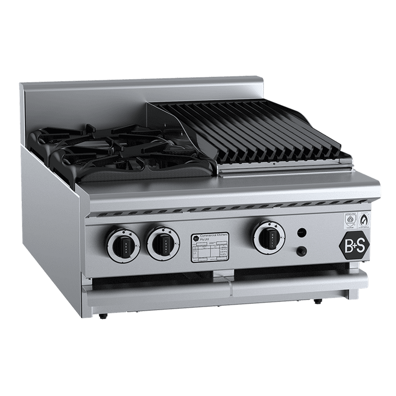 B+S Black Combination Two Open Burners & 300mm Char Broiler Bench Mounted - BT-SB2-CBR3BM