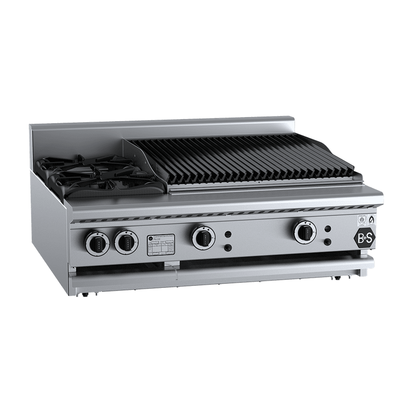 B+S Black Combination Two Open Burners & 600mm Char Broiler Bench Mounted - BT-SB2-CBR6BM