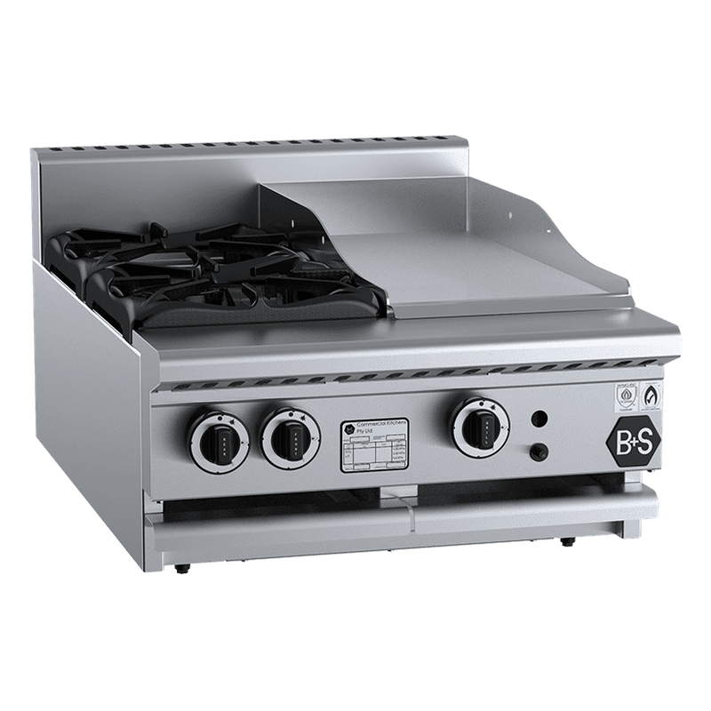 B+S Black Combination Two Open Burners & 300mm Grill Plate Bench Mounted - BT-SB2-GRP3BM