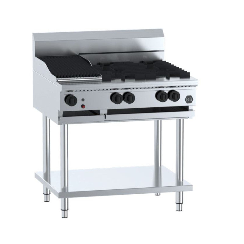 B+S Black Combination Four Open Burners & 300mm Char Broiler - BT-SB4-CBR3