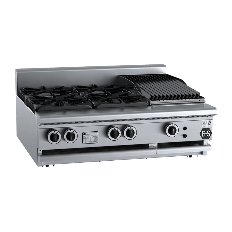 B+S Black Combination Four Open Burners & 300mm Char Broiler Bench Mounted - BT-SB4-CBR3BM