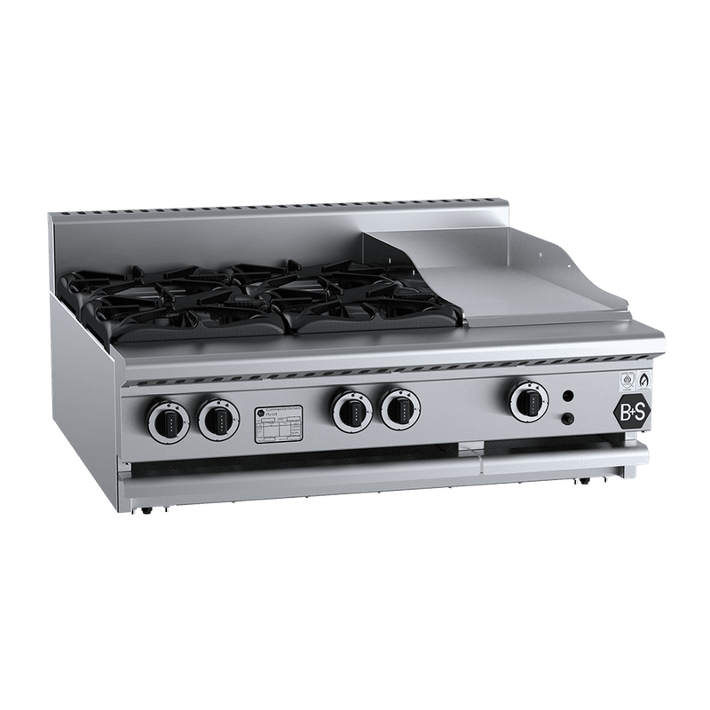 B+S Black Combination Four Open Burners & 300mm Grill Plate Bench Mounted - BT-SB4-GRP3BM