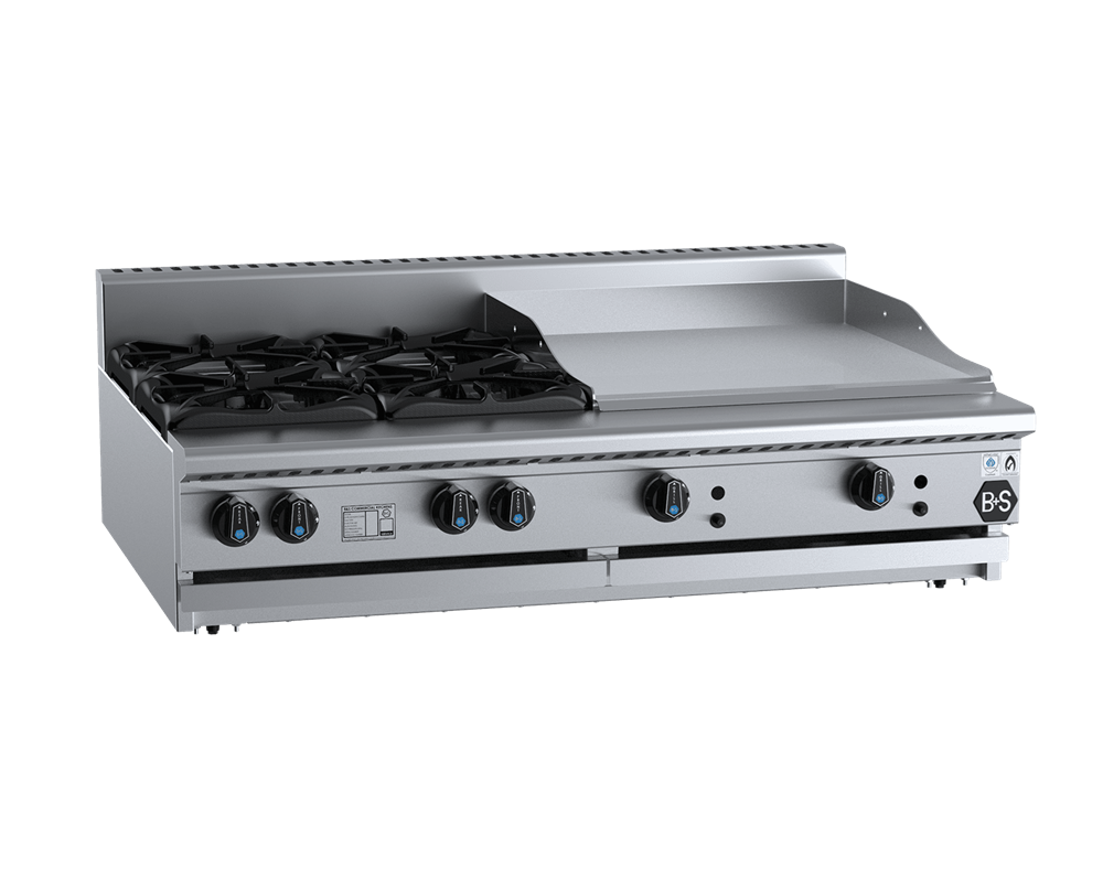 B+S Black Combination Four Open Burners & 600 mm Grill Plate Bench Mounted - BT-SB4-GRP6BM