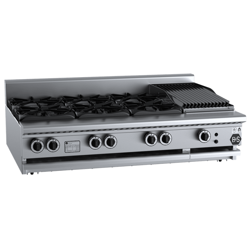 B+S Black Combination Six Open Burners & 300mm Char Broiler Bench Mounted - BT-SB6-CBR3BM