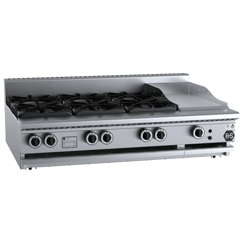 B+S Black Combination Six Open Burners & 300mm Grill Plate Bench Mounted - BT-SB6-GRP3BM
