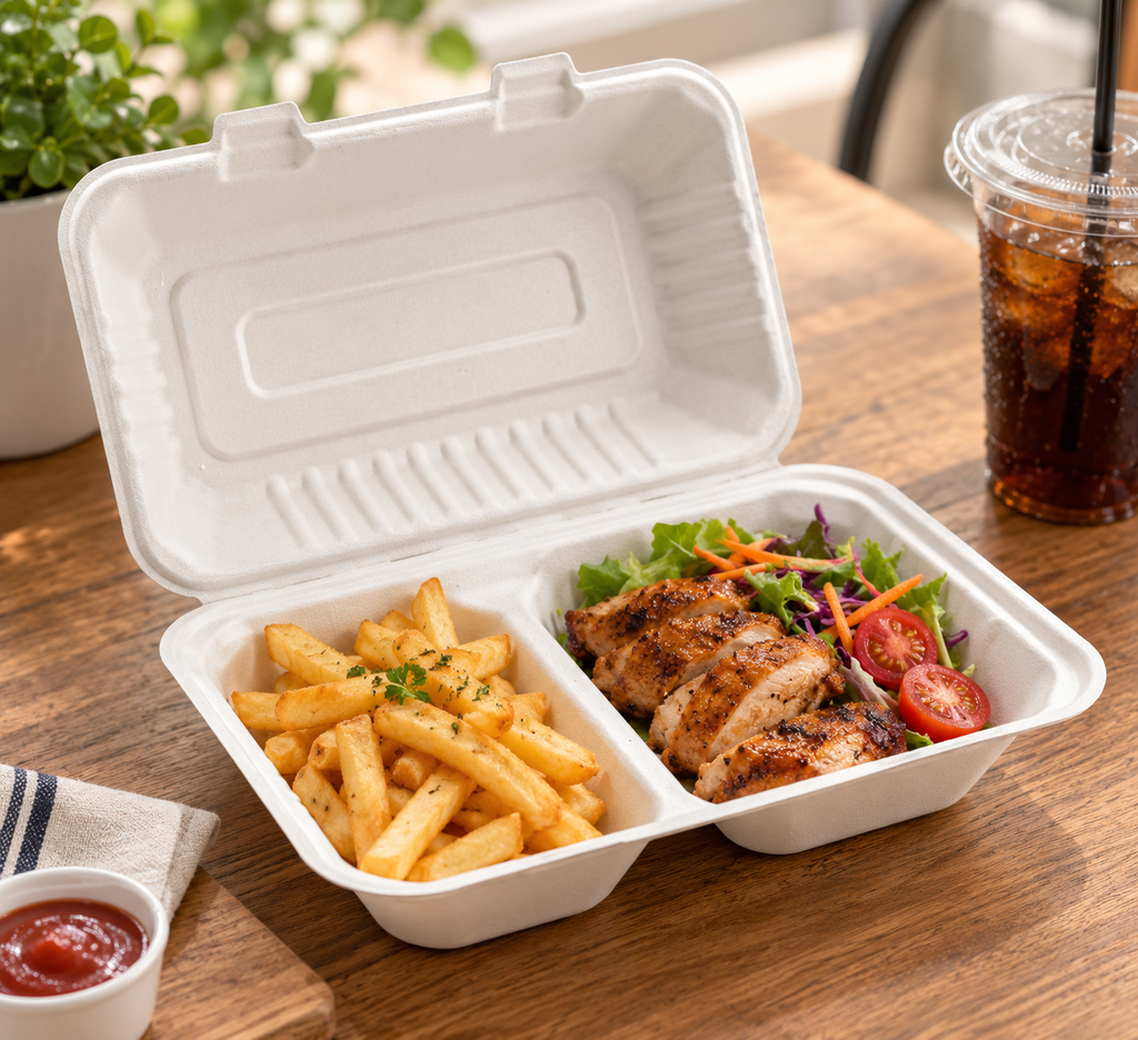 Sugarcane 9x6-inch 900ml Clamshell 2 Compartment Container - EL-P-CB850-2