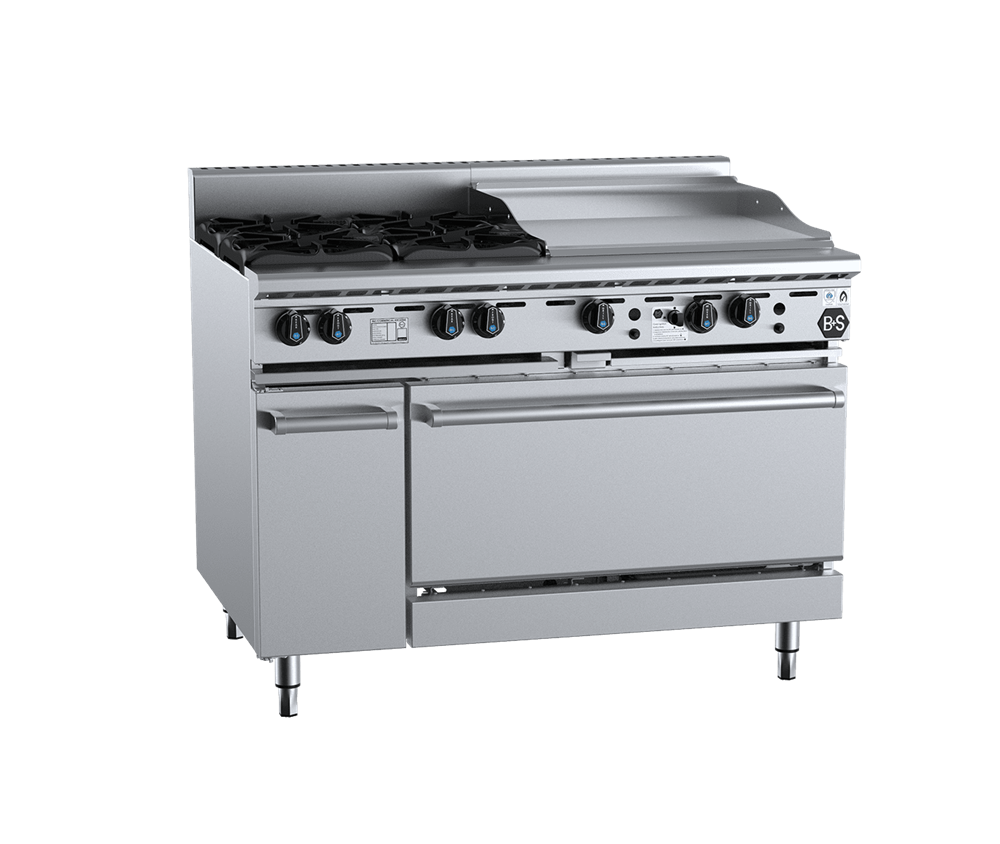 B+S Black Oven with Four Open Burners & 600mm Grill Plate - OV-SB4-GRP6