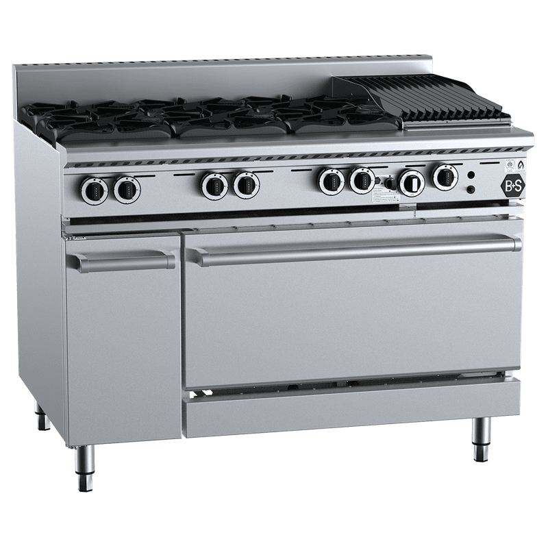B+S Black Oven with Six Open Burners & 300mm Char Broiler - OV-SB6-CBR3