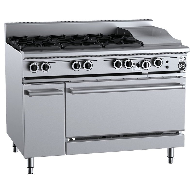 B+S Black Oven with Six Open Burners & 300mm Grill Plate - OV-SB6-GRP3