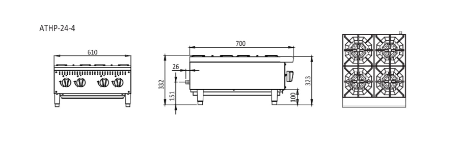 4 BURNER COOK TOPS W610 X D700 X H333 | COOKRITE 1 ATHP-24-4-LPG
