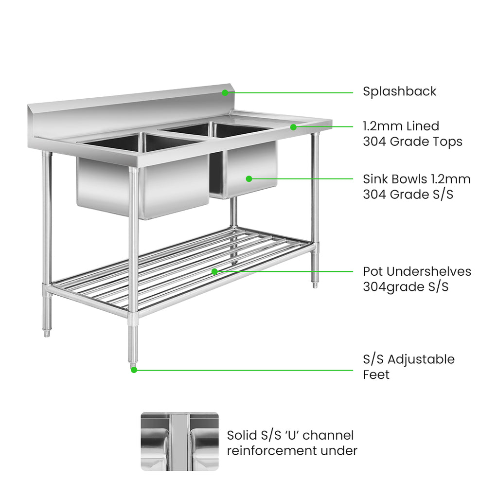 Double Left Sink Bench with Pot Undershelf DSB7-1500L/A