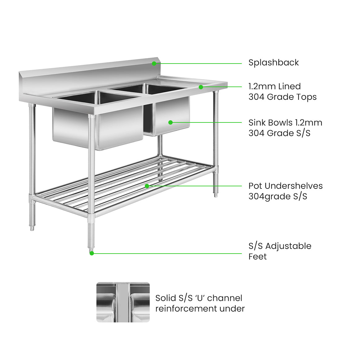 Double Left Sink Bench with Pot Undershelf DSB7-1500L/A