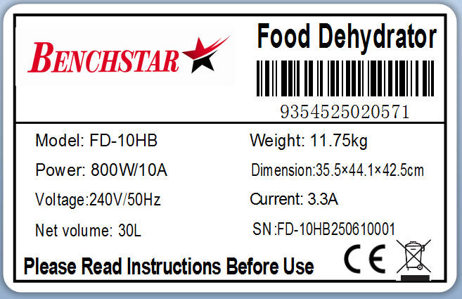 Benchstar Food Dehydrator with 10 trays âÂ FD-10HB