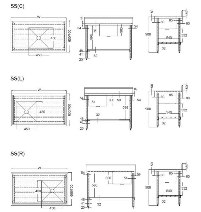 SINK BENCH WITH SPLASHBACK W900 X D700 X H900 SS1709C