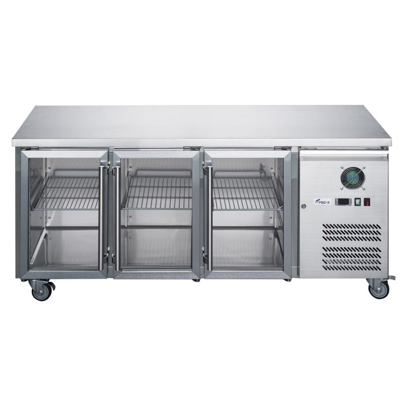 FED-X Three Glass Door Bench Fridge Stainless Steel - XUB6C18G3V